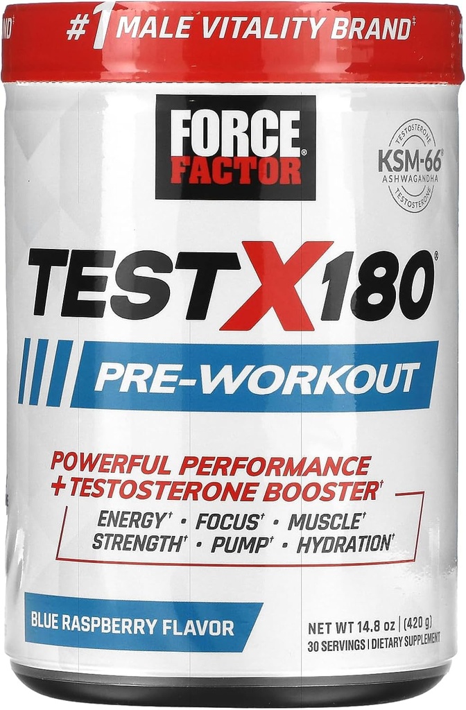 FORCE FACTOR Test X180 Pre-Workout Powder & Energy Supplement, Boost Focus & Endurance, Muskel & Stärke, Nitric Oxid Supplement mit Ashwagandaha & L-Citrulline, Blue Raspberry, 30 Portionen