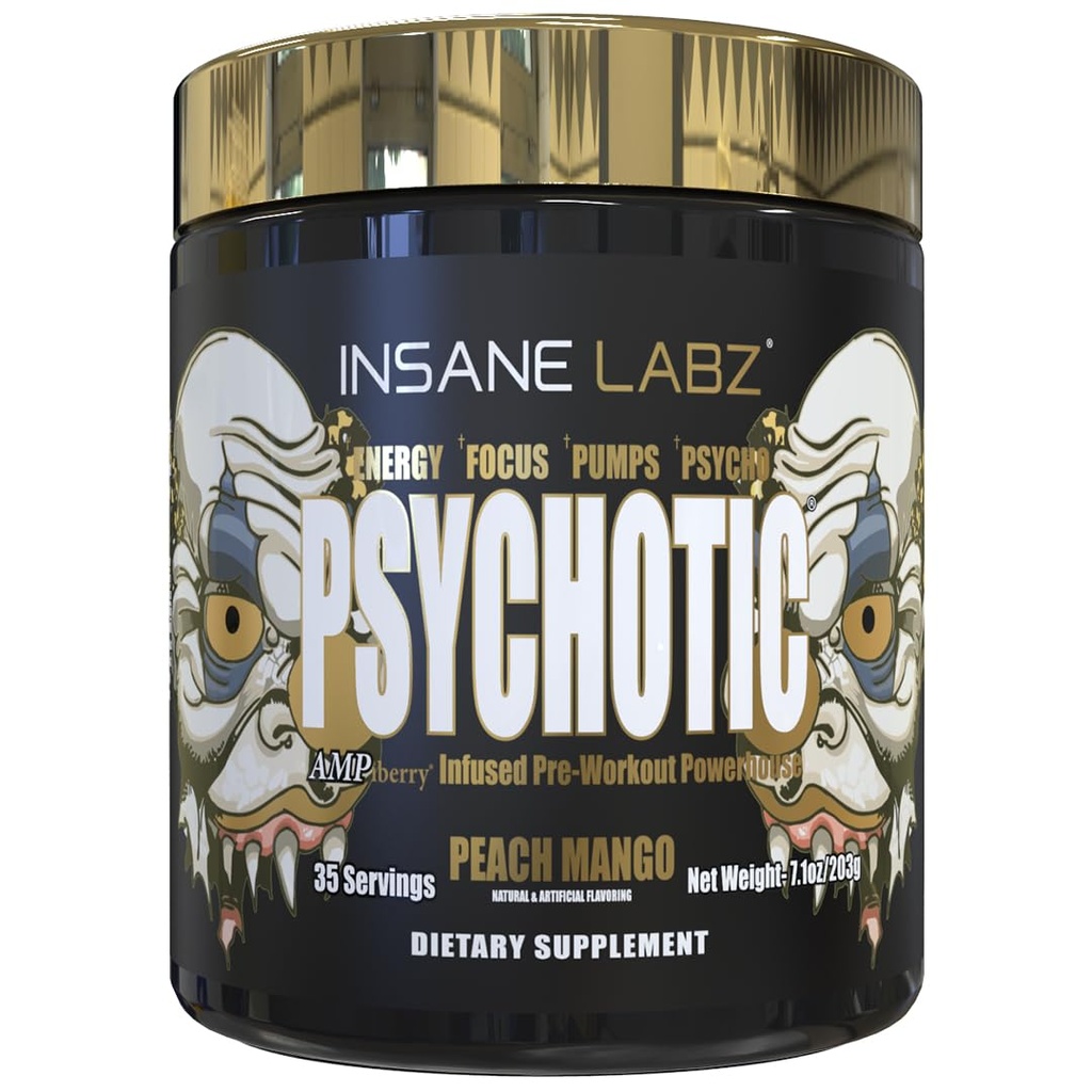 Insane Labz Or psychotique, poudre de pré-entraînement stimulante, énergie latente extrême, pompes et endurance avec Beta Alanine, DMAE Bitartrate, NO Booster (35 portions, Peach Mango)