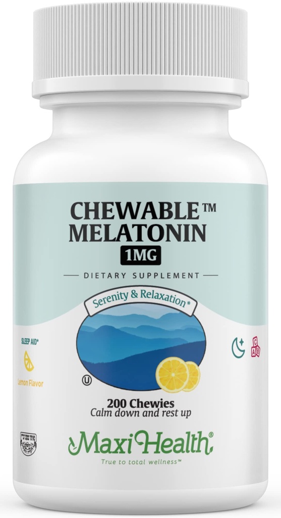 Maxi Health Chewable Melatonin, Kosher Lemon Flavor, Melatonin pour adultes et enfants, Aide naturelle pour adultes et enfants, Melatonin Chewables Alternative à Melatonin Gummies Kids Dose, (200 comte)