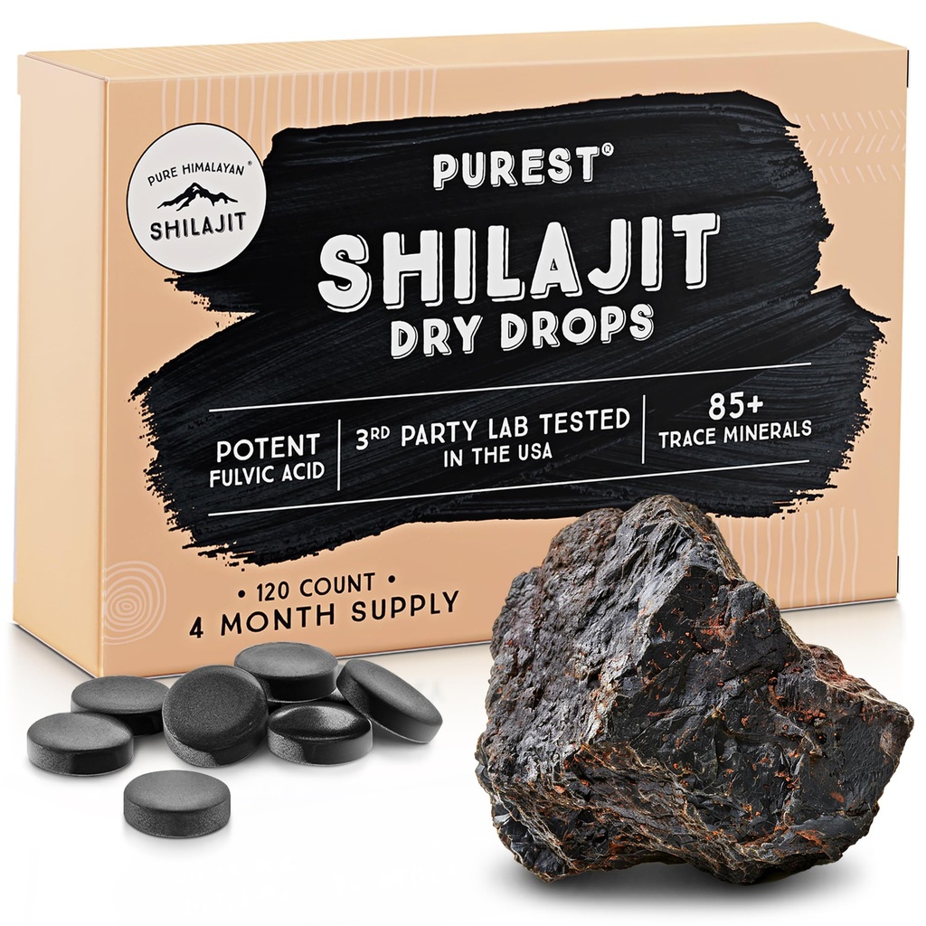 Pure Himalayan Shilajit Dry Drops, 100% reine natürliche Shilajit, Grade A, Max Potency 85+ Clean Trace Minerals & Fulvic Säure für Energie, Metabolismus & Immun Support Supplement für Männer & Frauen (120 Tabs)