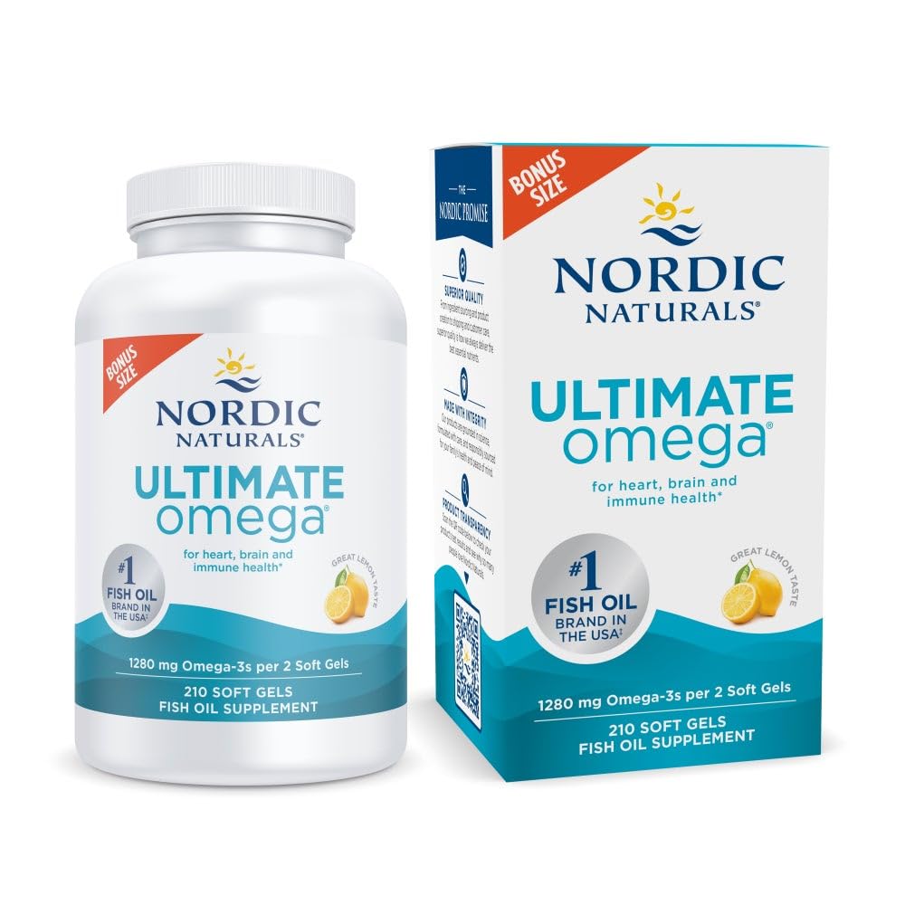 Nordic Naturals Ultimate Omega, Lemon Flavor - 210 Soft Gels - 1280 mg Omega-3 - Hochwirksames Fischöl mit EPA & DHA - fördert die Gesundheit von Gehirn und Herz - Nicht-GVO - 105 Portionen