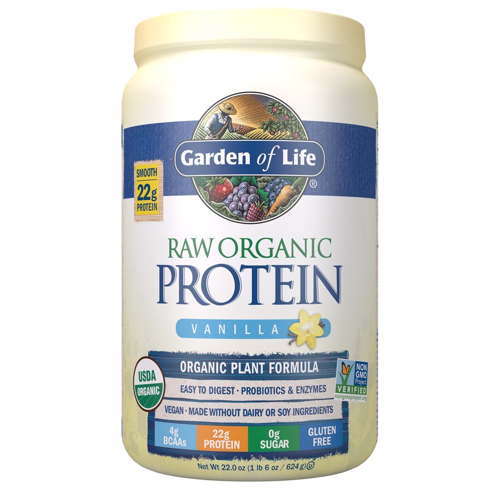 Jardin de la vie poudre de vanille de protéines organiques crues, 20 portions - Vegan certifié, sans gluten, biologique, non-OGM, sans sucre à base végétale Agiter avec des probiotiques et des enzymes, 4g BCAAs, 22g Protéines