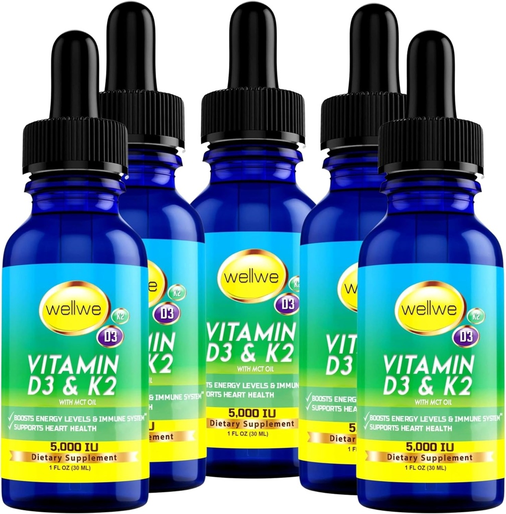 Flüssiges Vitamin D3 K2 Tropfen 5000 IU - Vegan, kein Geschmack, kein Geruch, Soja-frei, Glutenfrei, Non-GMO, 1000 IU pro Tropfen, steigert Energieniveau und Immunsystem, unterstützt Herzgesundheit (5 Pack)