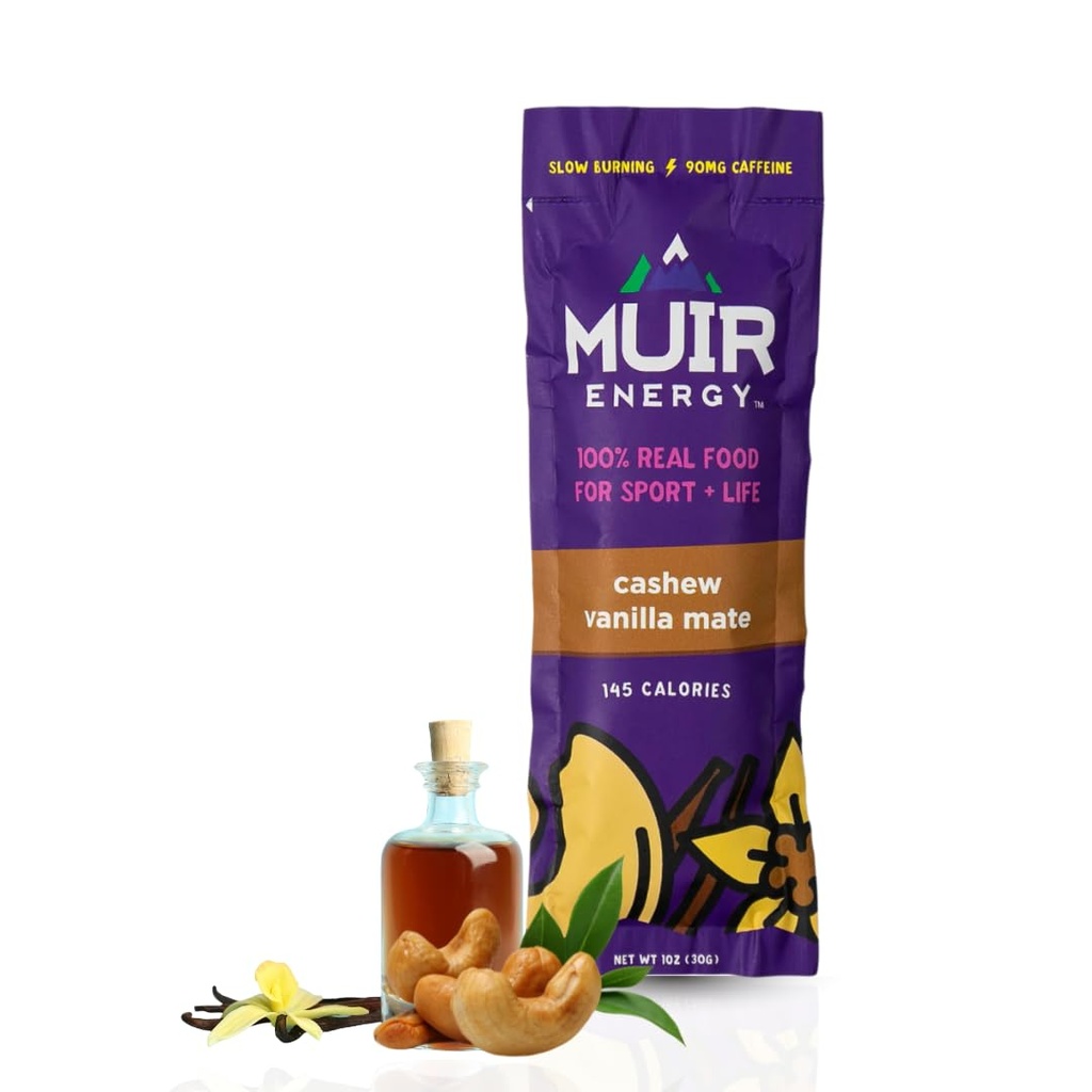 MUIR Cashew Vanilla Mate Gel d'énergie alimentaire réelle - 10 comtes Organic Vegan Paleo Non-OGM Gluten-Free Gel d'endurance à combustion lente.