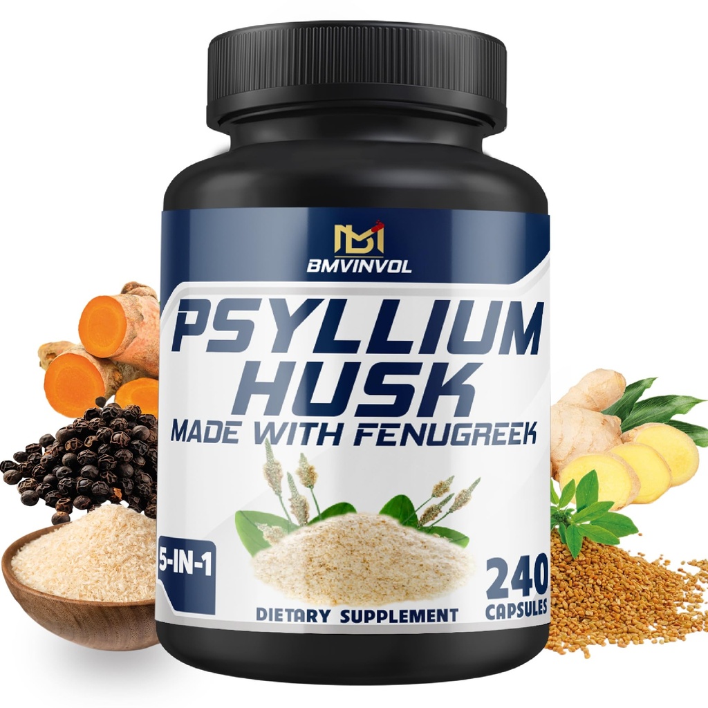 BMVINVOL Psyllium Husk Capsules Fiber Supplement with Fenugreek, Turmeric, Ginger, Black Pepper - Support Digestive System, Intestinal Health - 240 Count for 4 Month Supply