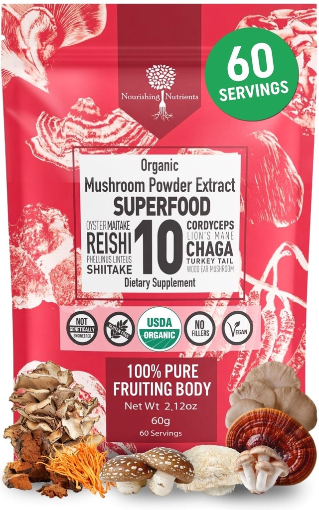 Bio Pilz-Pulver-Extrakt -Superfood 10 Supplement 14x Stärke 100% reine USDA Immunität Booster- Reishi, Chaga, Cordyceps, Shiitake, Lions Mane, Türkei Tail und mehr. Kaffee/Tea 60 Gramm