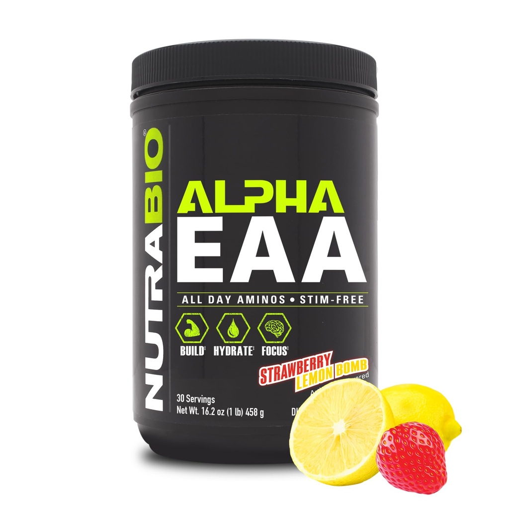NutraBio Alpha EAA - All-Day Aminosäuren für Muskelwachstum und Hydration - Essential Amino Acids with Nootropics & Adaptogens- Full Spectrum EAA BCAA Powder - 30 Portionen - Erdbeere Zitronen