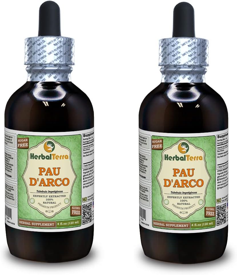 PAU d'arco (Tabebuia Impetiginosa) Glycerit, Getrockneter Bark Alkoholfreier Flüssigextrakt (Markenname: HerbalTerra, Proudly Made in USA) 2x4 fl.oz (2x120 ml)