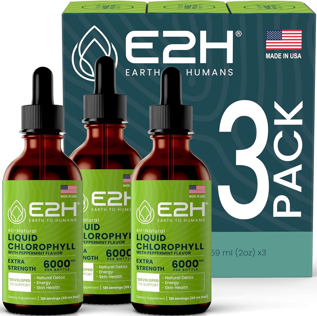 Gouttes liquides de chlorophylle E2H - Booster d'énergie naturelle, support du système immunitaire et désodorisant interne - Arôme de menthe poivrée - (3 bouteilles)