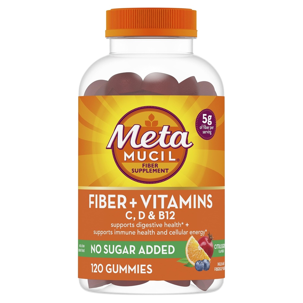 Metamucil Fiber Gummis für Erwachsene mit Vitaminen C, D, B12 für Metabolismus, kein Zucker hinzugefügt Citrus Berry Flavor, 5g pflanzenbasierte Prebiotic Fiber Supplement Blend, 120 Count