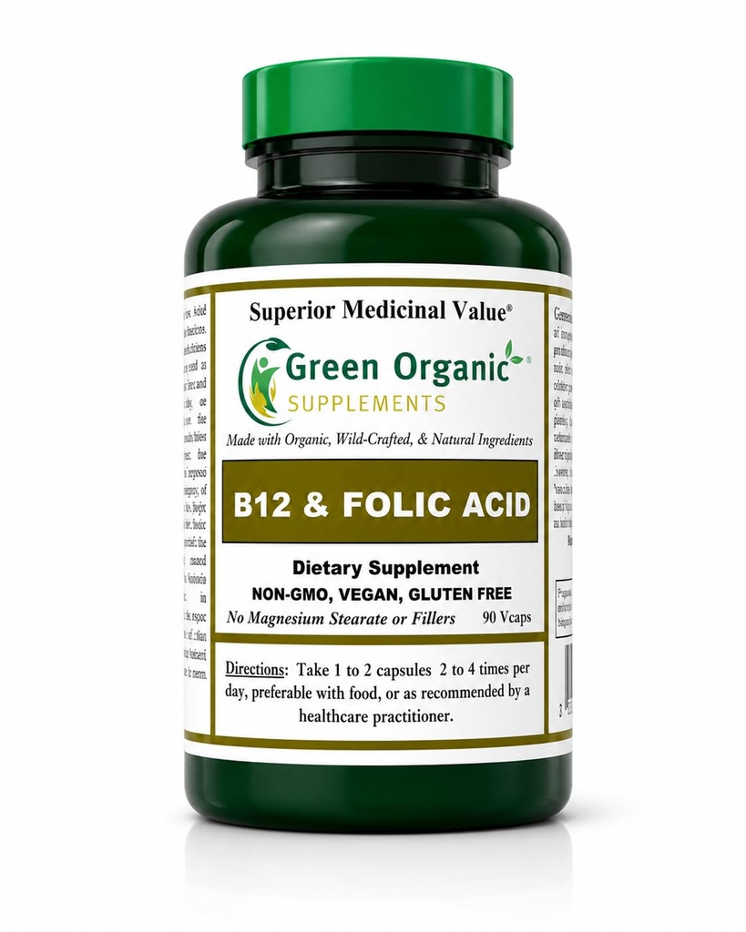Grüne Bio-Ergänzungen (Pack-1) Vitamin B12 & Folsäure, 1000mcg, 90 VCaps, Handgemacht, Vegan, Non-GMO, unterstützt die Arbeitsweise des Nervous Systems, und die Integrität der Haut, Haare & Leber