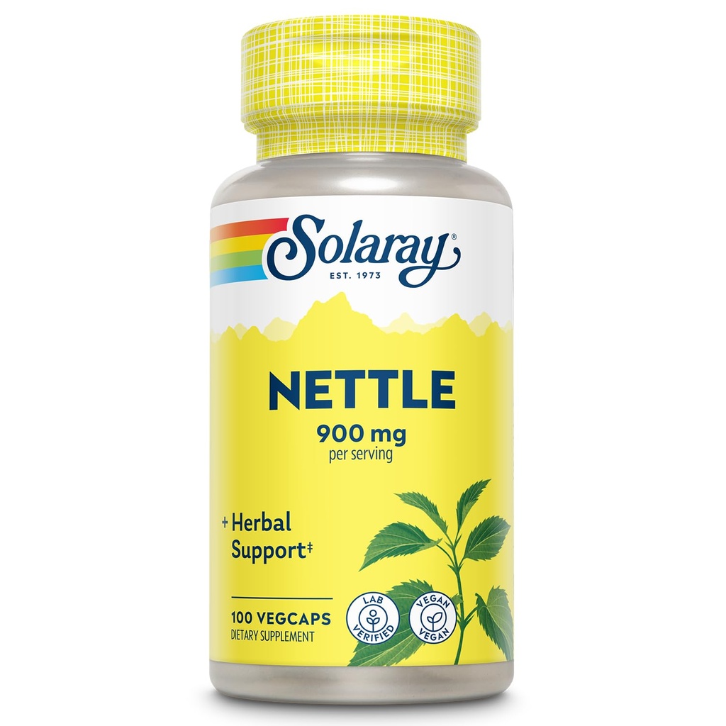 SOLARAY Nettle 900 mg - Supplément à la feuille de nettle biologique - Soutien au rein, à l'urine et à la prostate - Usage traditionnel pour la réponse à l'allergie et le mieux-être respiratoire - Vegan - 50 portions, 100 VegCaps