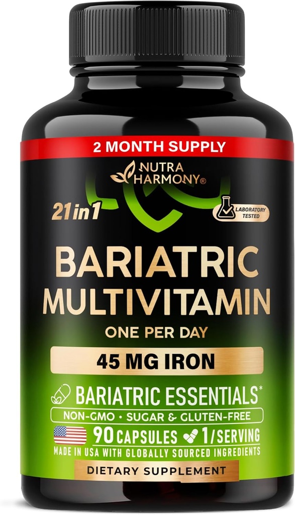 Bariatric Multivitamin - 45 mg Eisen Supplements - Made in USA - für Damen &amp; Herren - All-in-One, 21 Essential Vitamins - Magenhülle Unterstützung - Frei von Zucker, Gluten & Soy - 90 Kapseln, Einmal täglich