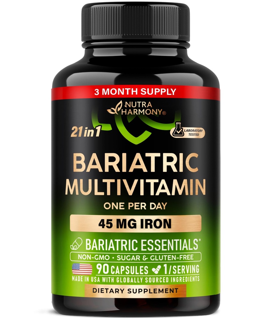 Multivitamine bariatrique - Suppléments en fer de 45 mg - Fabriqués aux États-Unis - pour les femmes et les hommes - Vitamines essentielles tout-en-un, 21 - Soutien des manches gastriques - Sans sucre, gluten et soja - 90 capsules, une fois par jour
