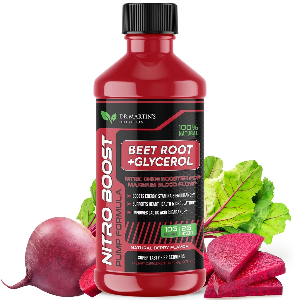 NUTRITION DE DR. MARTIN NitroBeet 12 000 mg de racine de betterave + glycérol pour le flux sanguin, les pompes et l'endurance.