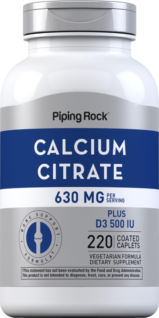 Piping Rock Calcium Citrat mit Vitamin D3 | 630 mg | 220 Caplets | Ergänzung für Frauen und Männer | Vegetarisch, Non-GMO, Glutenfrei