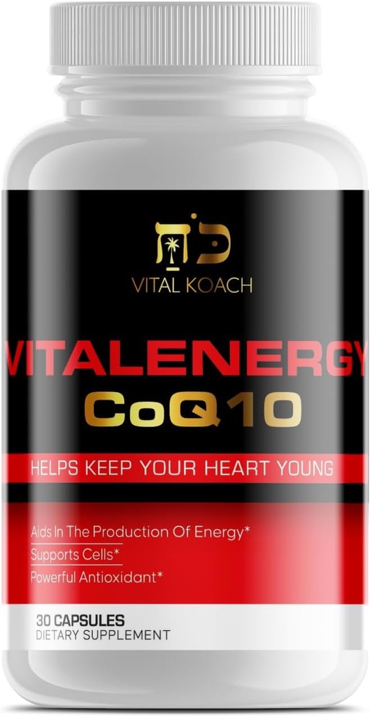 Vitalenergie CoQ10 Ubichinon 200mg, 30 Kapseln, unterstützt Herz-Kreislauf-Gesundheit, Zell-Energie-Produktion und Antioxidans, Weiß/Rot/Schwarz
