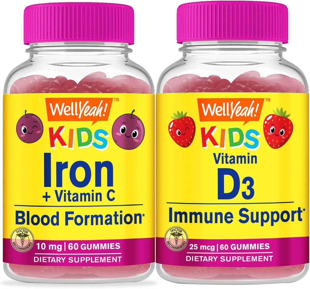 Wellja Iron + Vitamin C Kids + Vitamin D3 Kids, Gummis Bundle - Große Verkostung, Vitamin-Ergänzung, Glutenfrei, GVOfrei, Kaugummi
