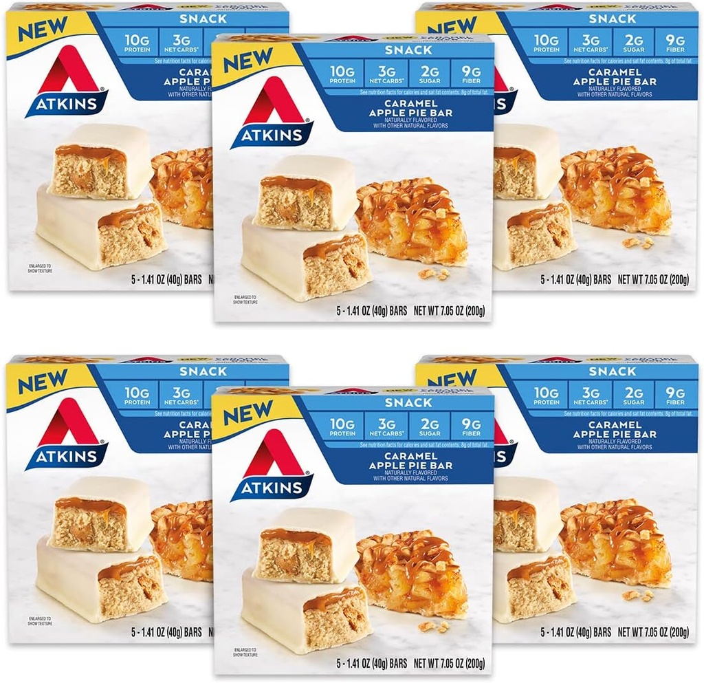 Atkins Snack Bar, Caramel Apple Pie, Natürlich aromatisiert, gute Quelle von Protein und Faser, Low Carb, Low Sugar (30 Bars)