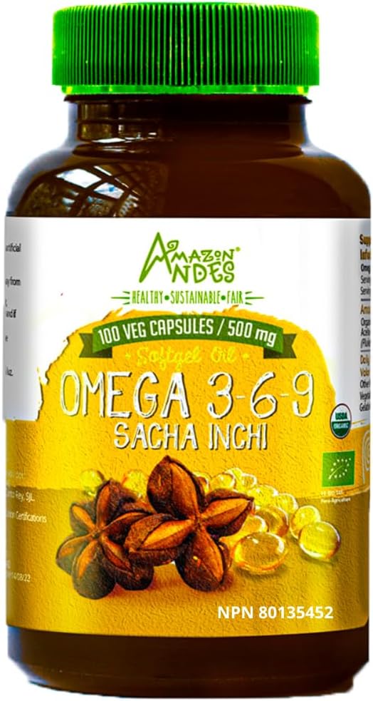 Andes Sacha Inchi Capsules d'huile - Source d'omegas 3, 6 et 9 - Source plus saine d'acides gras essentiels - végétalien, non-OGM, sans allergène et sans gluten - 100 pilules softgel (500mg) - Fabriqué au Pérou