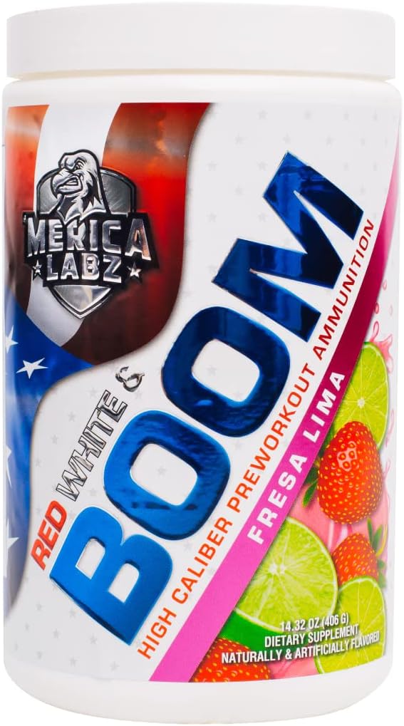'Merica Labz Red, White, and Boom, High Caliber Pre Workout mit VasoDrive-AP®, 350mg Koffein, Max Energy, Pump and Focus, Erhöhter Blutfluss und Muskelvolumen, 20 Portionen (Fresa Lima)