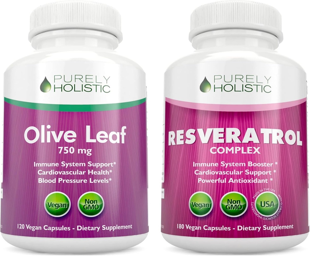 Extrait de feuille d'olive purement holistique 750mg + Complexe Resvératrol 1450mg - 300 Capsules Vegan - Fabriqué aux États-Unis