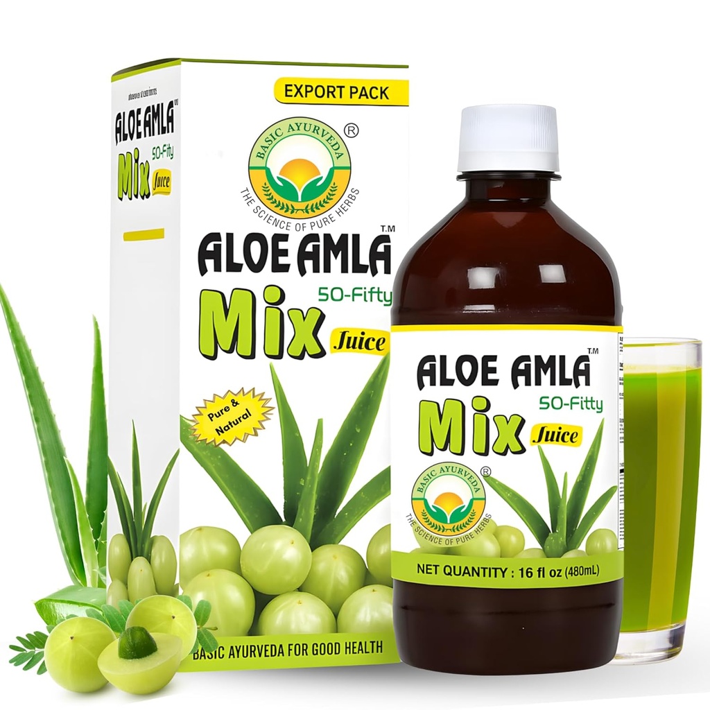 Basic Ayurveda Gooseberry + Aloe Vera Juice – 16.23 Fl Oz (480ml) | 50-Fifty Kräutermischung für Immunität, Verdauung & Haut Gesundheit | Amla & Aloe Blend | 100% Natürliche | Täglich Ayurvedische Tonic