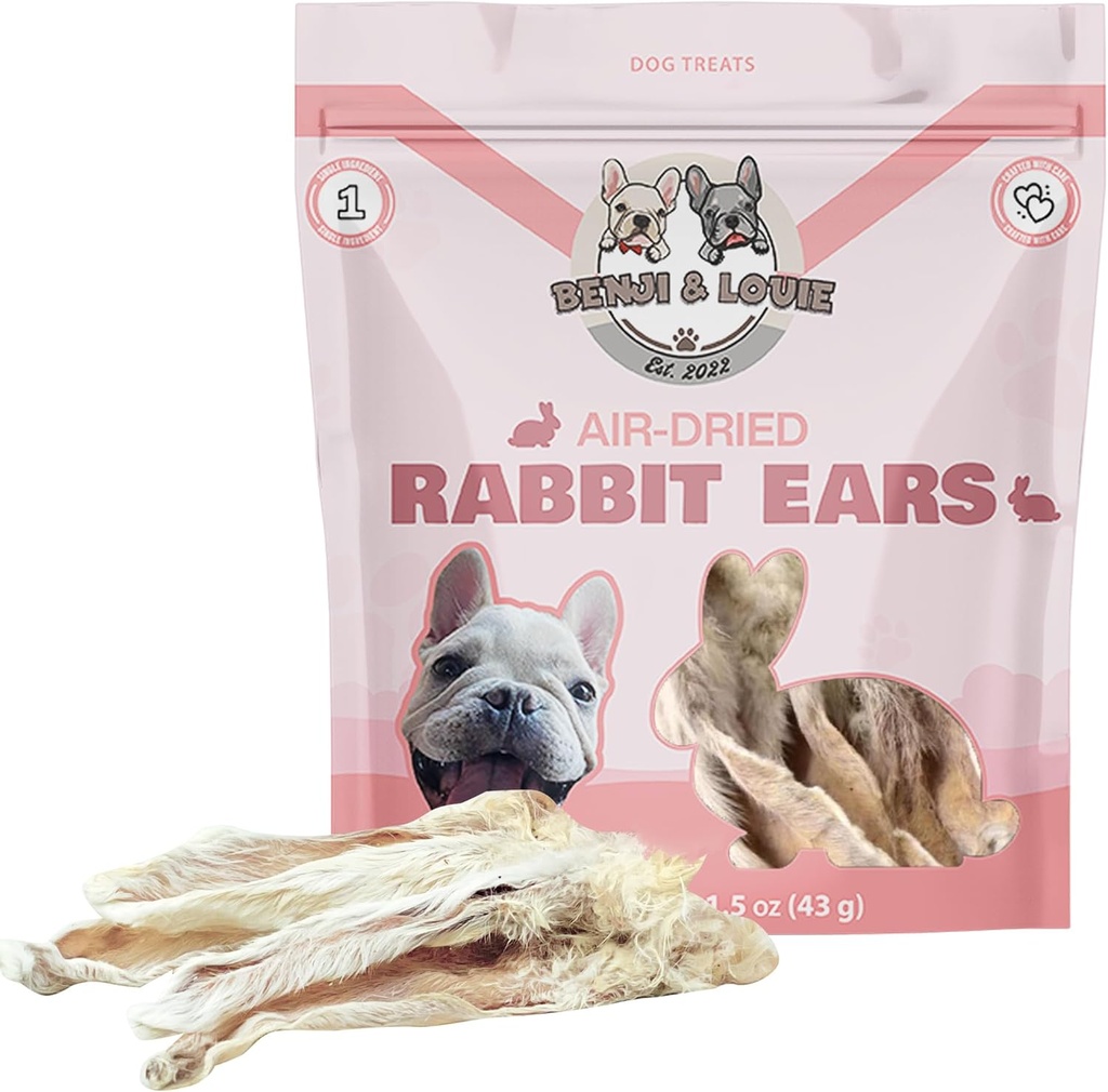 Benji & Louie Air Getrocknet Ganze Kaninchen Ohren mit Pelz - Natürliche gesünder Hund Treats oder Hundekäse, Single Ingredient, 1,5 oz, 4 bis 6 Count