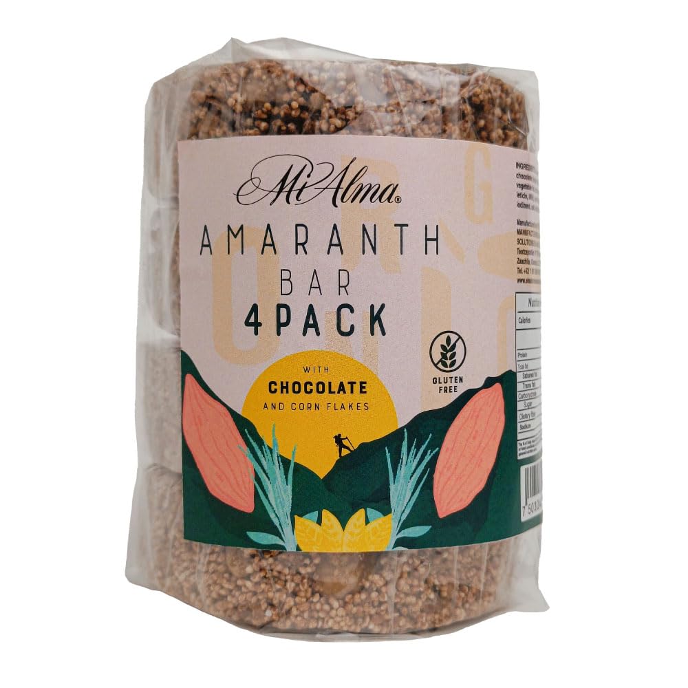 Mi Alma, 4 BAR PACK Amaranth Bar mit Schokolade und Cornflakes PREMIUM, Barra de Amaranto con Chocolate, Super Food, Gluten Free, Gesunde Snacks, 8.4 oz