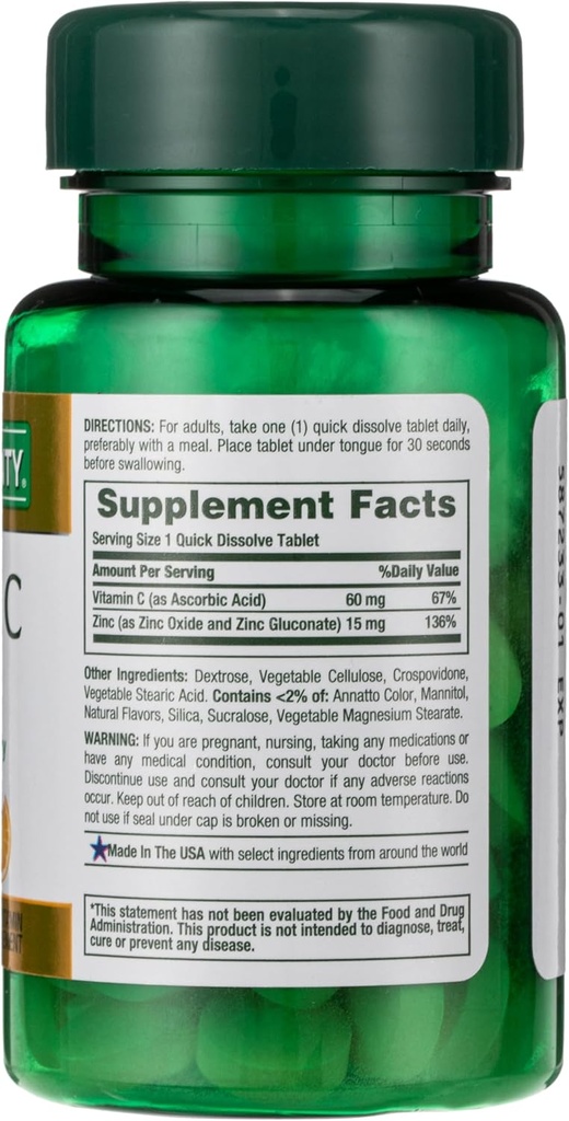 Nature's Bounty, Vitamin C + Zink, unterstützt Immungesundheit, Vitaminergänzung, 60 mg, 60 Tabletten (Pack von 2)