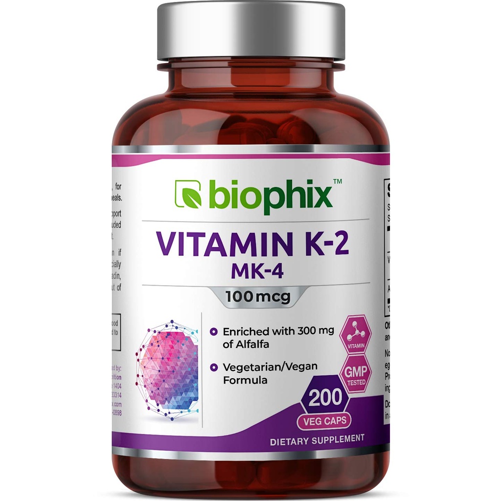 Biophix Vitamin K2 MK-4-100 mcg 200 Caps mit Alfalfa - Unterstützt starke Knochen Immungesundheit