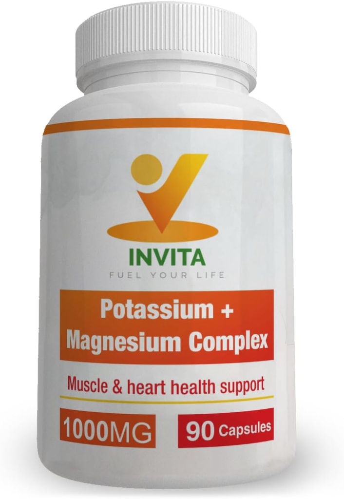 Invita Potassium Magnesium Complex 1000 MG für Leg & Muskelunterstützung I (90 Kapseln) - Hohe Absorption Kalium Aspartat mit Magnesium Aspartat Oxid Glycinat Gluconate & Citate