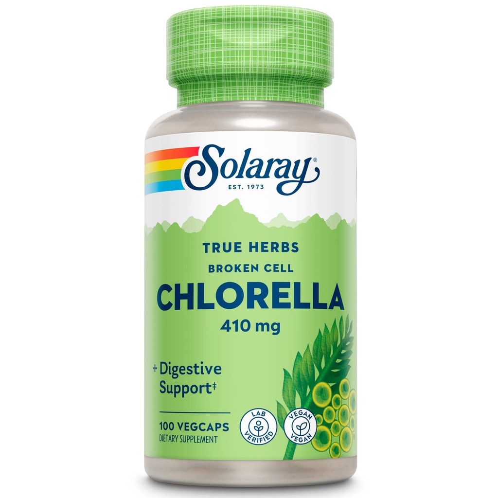 SOLARAY Broken Cell Chlorella 410 mg | Nährstoff-Rich Superfood w/Naturally Occurring Protein, Vitamine, Mineralien, Chlorophyll | Non-GMO | 100 VegCaps