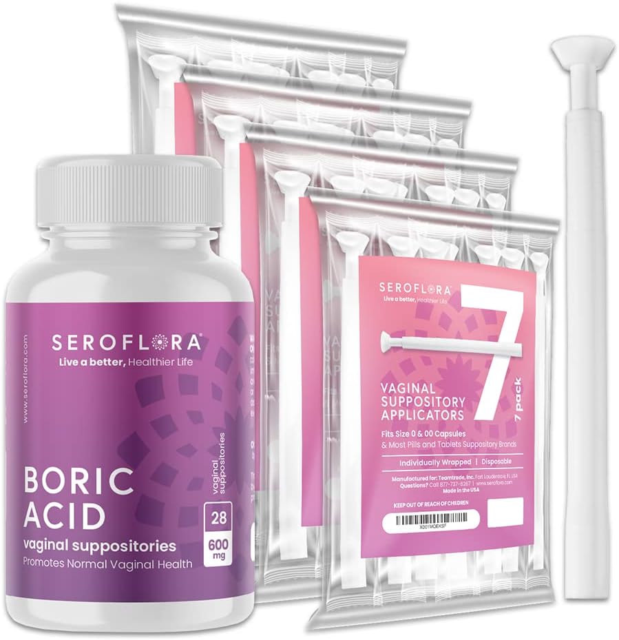 Seroflora Acide borique Suppositoires vaginaux 600 mg + Suppositoires Applicateurs Bundle - Santé vaginale pH Balance pour les femmes - Aide à contrôler l'odeur vaginale (28ct)