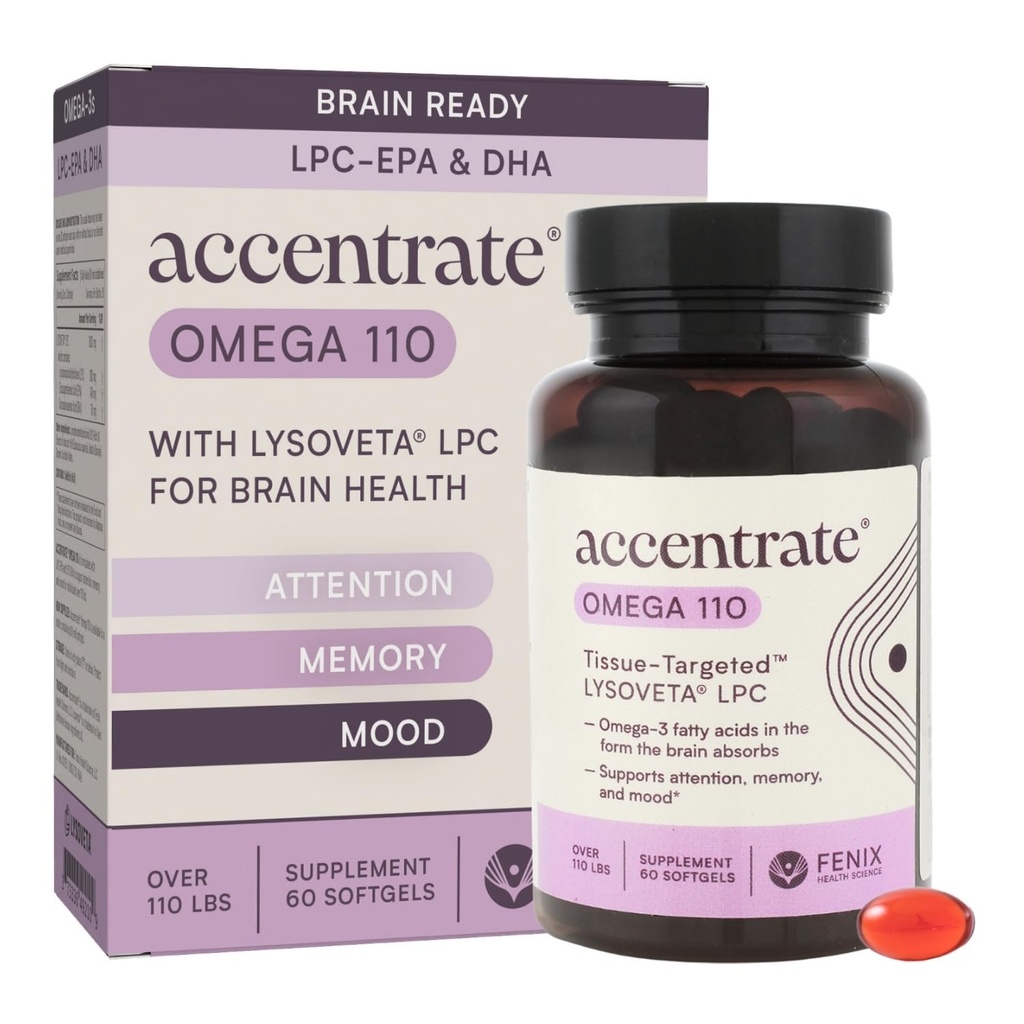 Omega 110 w/LYSOVETA LPC | EPA & DHA Supplements for Brain & Retina Health | Fokus, Aufmerksamkeit, Gedächtnis, Stimmung & Vision | 6X höhere Absorption als Fischöl | Hohe Potenz Omega-3 LPC-DHA