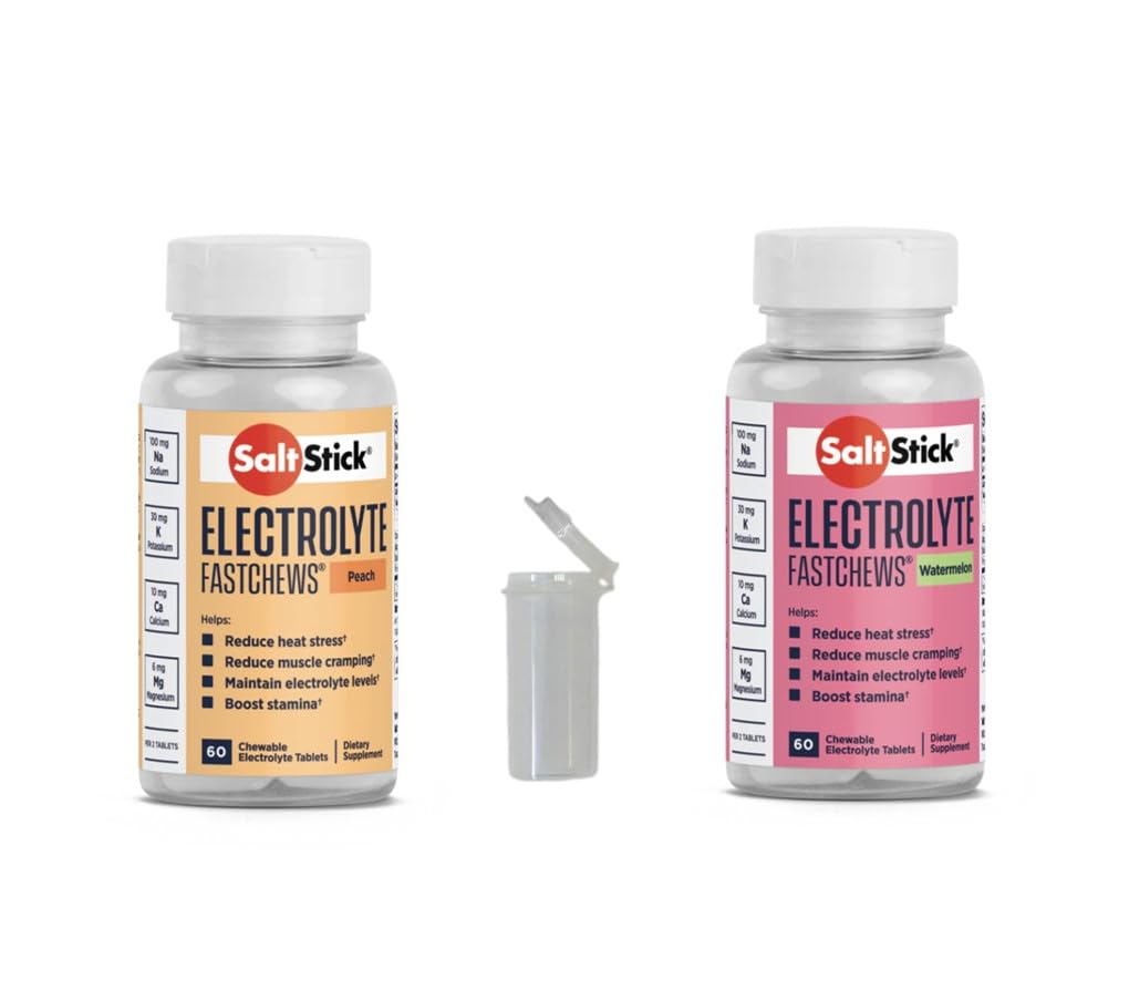 Paquet 2-Paquet SaltStick FASTCHEWS® - 60 bouteilles de pêche et de pastèque avec tube Race Ready