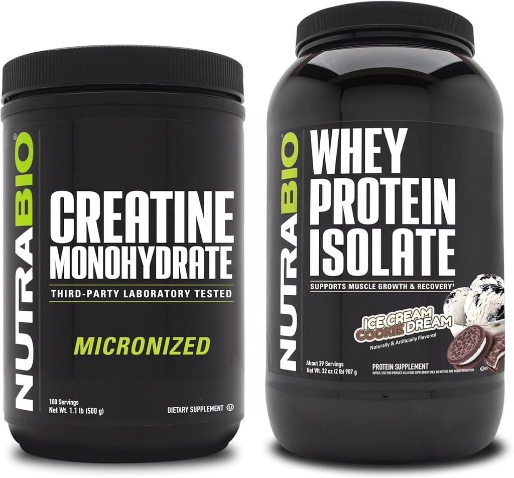 NutraBio Creatine Monohydrate, Unflavored, 500g und Whey Protein Isolate, Ice Cream Cookie Dream, Supplement Bundle - Muskelenergie, Lean Muskelwachstum, Erholung und Stärke