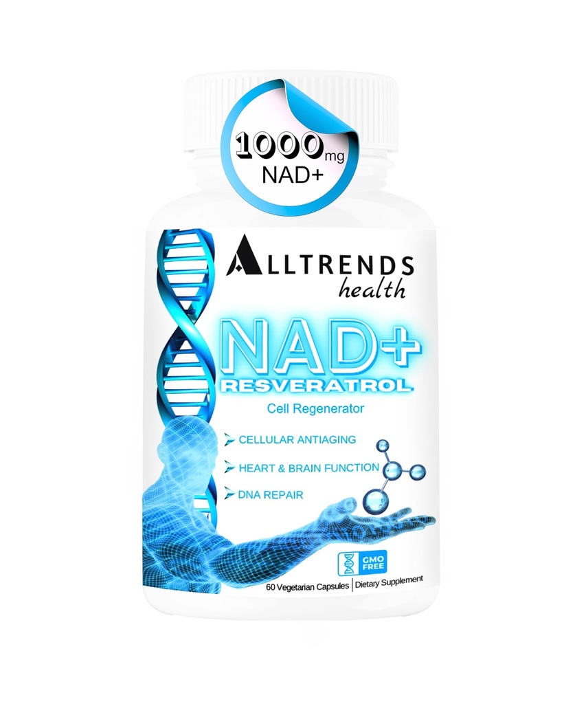 ALLTRENDS Santé Supplément NAD 1000mg.Résvératrol 500mg.TMG Triméthylglycine 500mg.Vitamines pour la régénération cellulaire, le coeur et le cerveau Fonction, réparation de l'ADN, longévité, énergie et stress oxydatif.