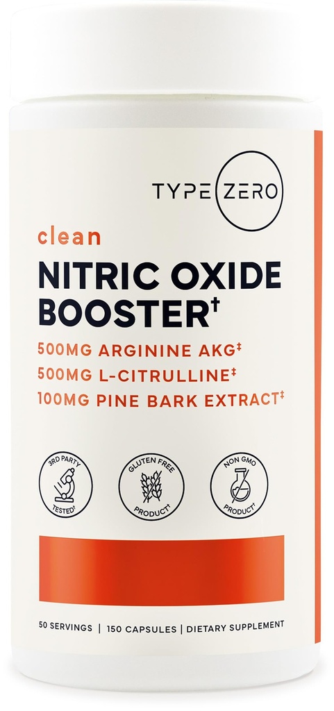 Type Zero Oxyde Nitrique 6X Booster, 150 Capsules de Veggie - Supplément Naturel - Beetroot, Arginine AKG, Citrulline, Pine Bark, Ail & VIT C.