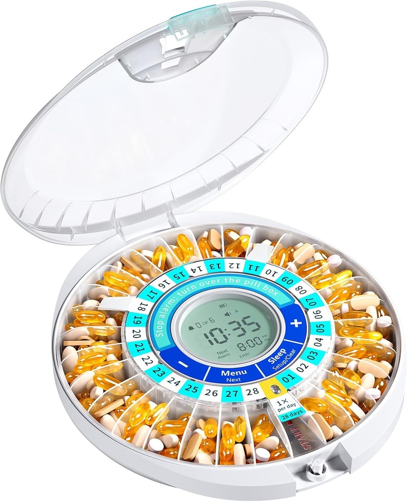 Daviky Automatische Pillenspender für Ältere mit Alarm, 28-Tage Elektronische blockierte Pillen Box, Sound & Licht Erinnerungen für Medikamente, Vitamine und Ergänzungen