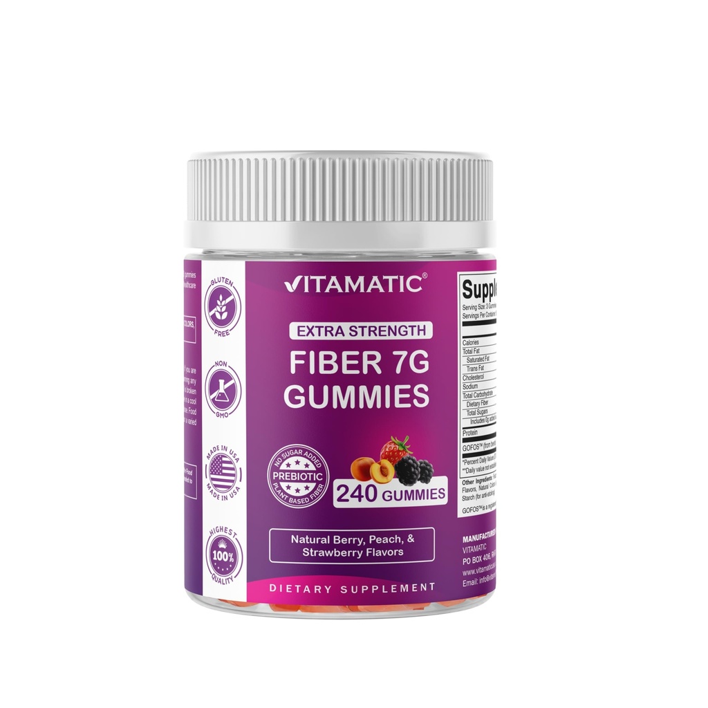 Vitamatic Prebiotic Fiber Gummis für Erwachsene, 7G Extra Strength, Zero Sugar Hinzugefügt, 240 Pectin Based Gummies, Verdauungshilfe