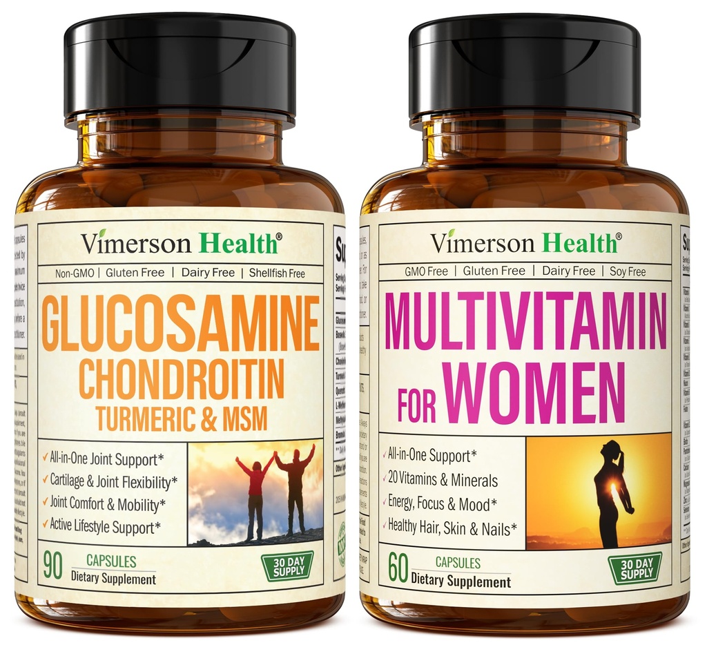 Glucosamin Chondroitin Turmeric + Multivitamin für Damen 2-Bottle Supplement Bundle für sie. Gesunde Immunantwort, Gelenkunterstützung, Antioxidantien Eigenschaften