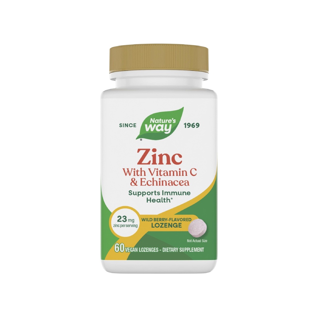Nature's Way Zinc Lozenges avec vitamine C et échinacée, Suppléments de zinc pour les hommes et les femmes, Immune Support*, Wild Berry Flavor, 60 Lozenges (Paquetage May Vary)
