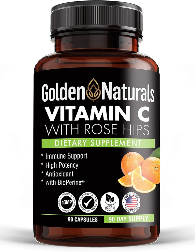 Golden Naturals Vitamin C mit All Natural Rose HIPS, 1000mg, Immun-Boosting-Unterstützung und Leistungsstarkes Antioxidans, hohe Absorption mit BioPerine, Verbesserung der Hautgesundheit, 90 Kapseln