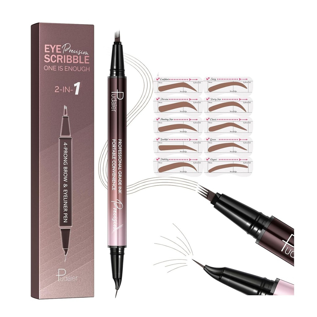 2-in-1 Curved Eyebrow Pen und Eyeliner mit 10Pcs Brow Stencils, Microblading Eyebrow Pencil mit 4 Gabel-Tip und gebogenen Präzise Spitze, Wasserdicht und lange anhaltende Augenbrauen Stifte für Frauen, Weichbraun