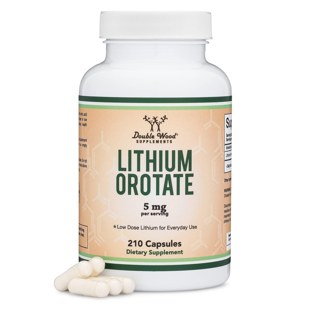 Lithium Orotate 5mg elementares Lithium für Kognition und Gehirngesundheit, 210 Kapseln (Dritte Partei getestet, Vegan Safe, Non-GMO) von Double Wood Supplements