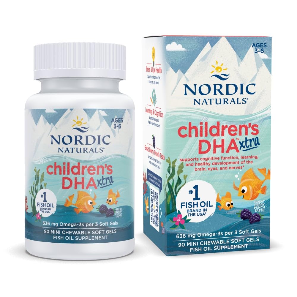 Nordic Naturals Enfants DHA Xtra, Berry Punch - 90 Mini Gels Soft Chewable pour les enfants - 636 mg Omega-3s EPA & DHA - Fonction cognitive et immunitaire, apprentissage, développement social - Non-OGM - 30 portions