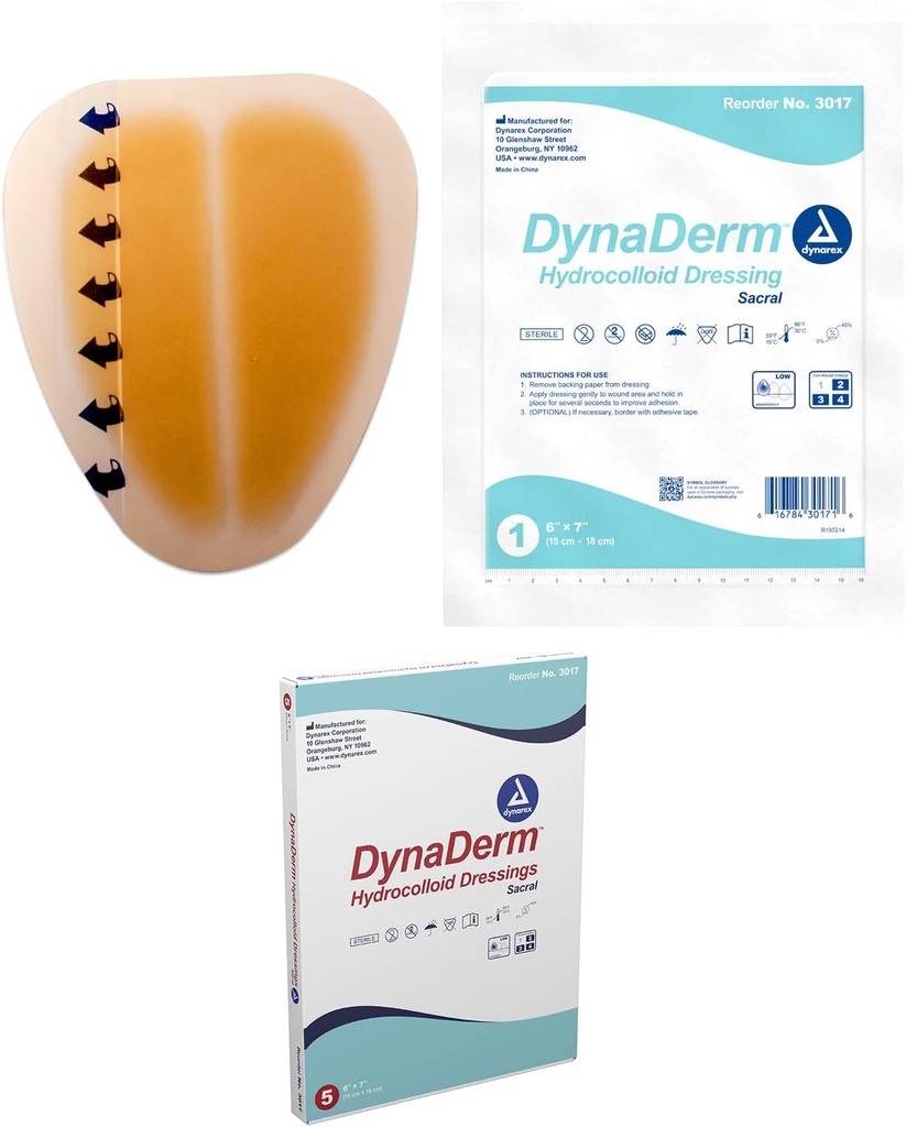 Dynarex Dressing hydrocolloïde Dynaderm, Sacral, 6 x 7 pouces/5 Compte