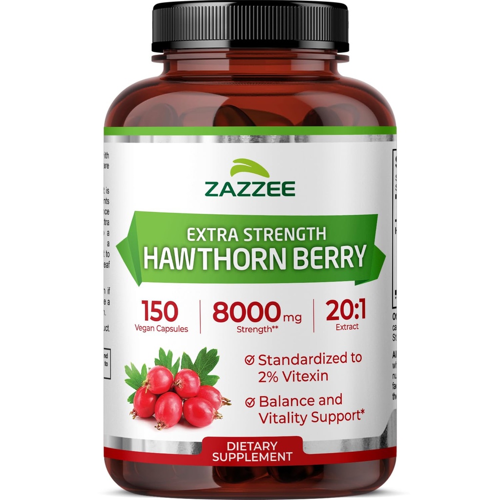 Zazzee Extra Strength Hawthorn Berry 20:1 Extrakt, 8000 mg Stärke, 2% Vitexin, 150 Vegan Kapseln, 5 Monate Versorgung, Konzentrat und Standardisierte Potent 20X Extrakt, Non-GMO und All-Natural