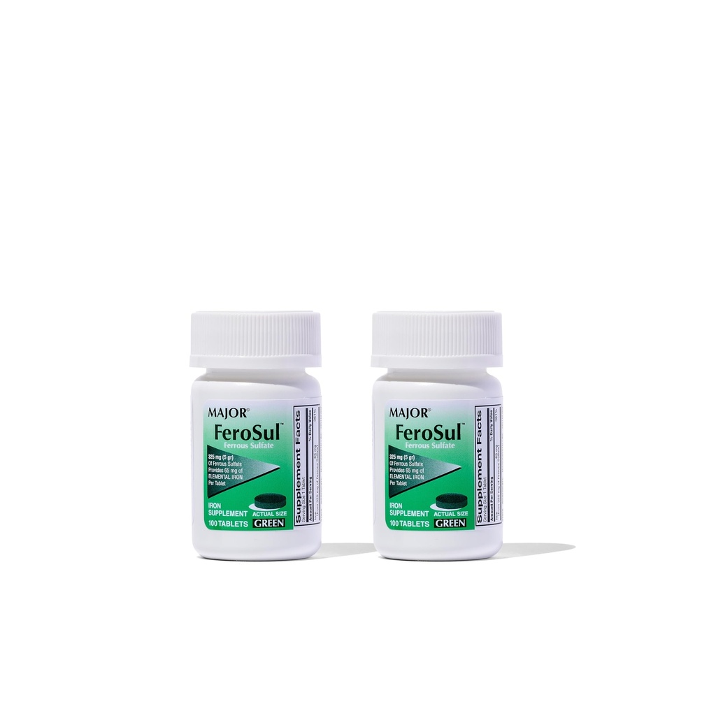 Major Ferosul - Ferrous Sulfate 325mg Tablets with 65mg of Elemental Iron - Iron Supplement for Women, Men - Green - 100 Count (2 Pack)
